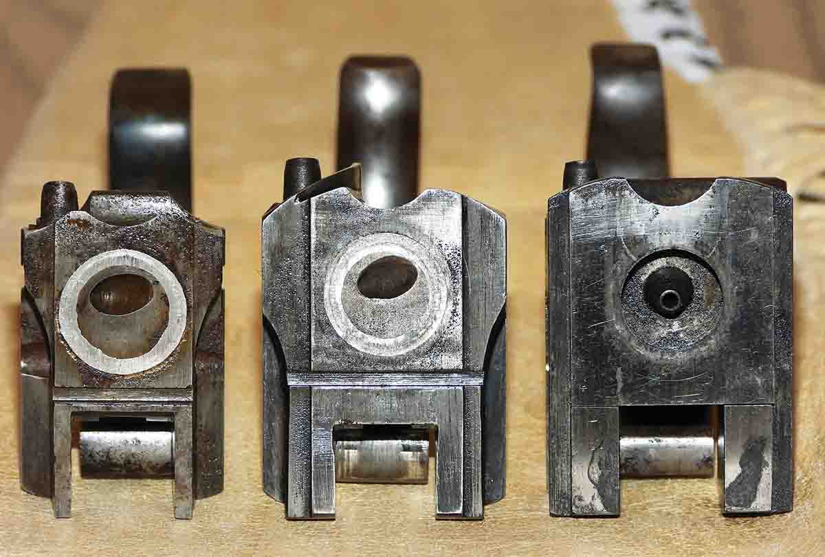 The evolution of Sharps breechblocks over time, from left to right: The Model 1851, Model 1852, and the New Model 1859. The platinum rings on the first two only help with gas erosion of the block, and they do not help with block-to-barrel tightness, like the gas plate on the New Model 1859.